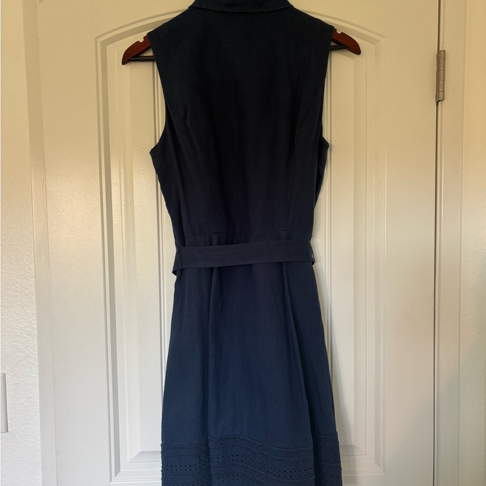 Tahari Navy Linen Sleeveless Shirt Dress with Tie Waist Size 6 - Picture 2 of 9